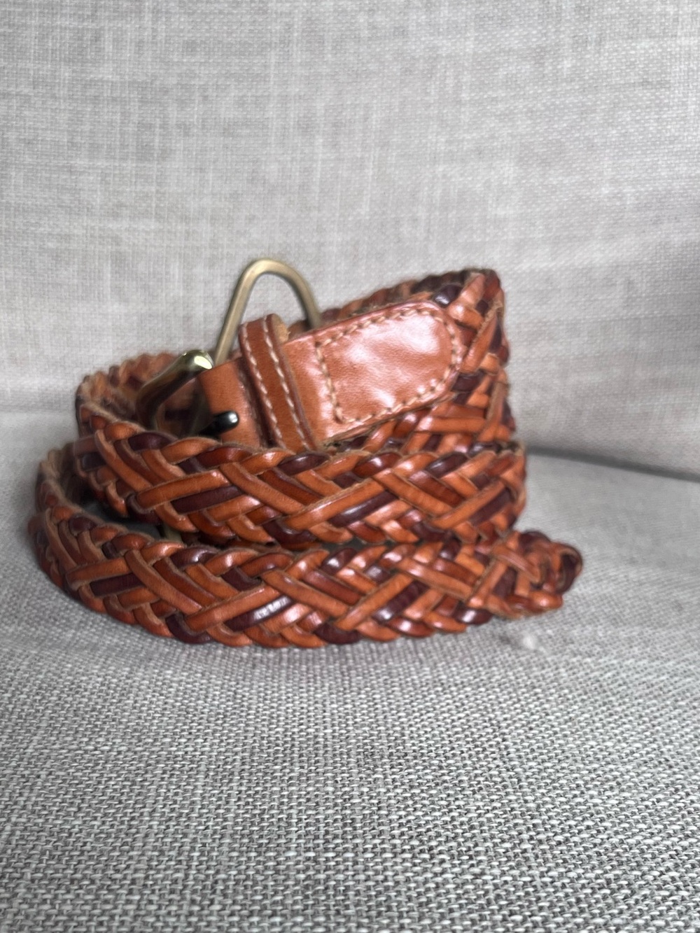 Braided Brown Leather Belt with Brass Buckle Unisex
